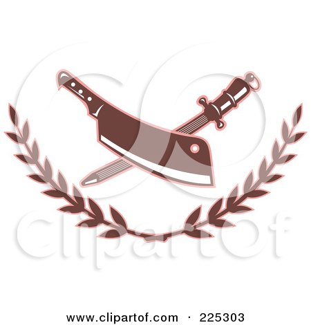 Royalty-Free (RF) Clipart Illustration of a Retro Butcher Knife And Sharpener Logo With A Laurel by patrimonio