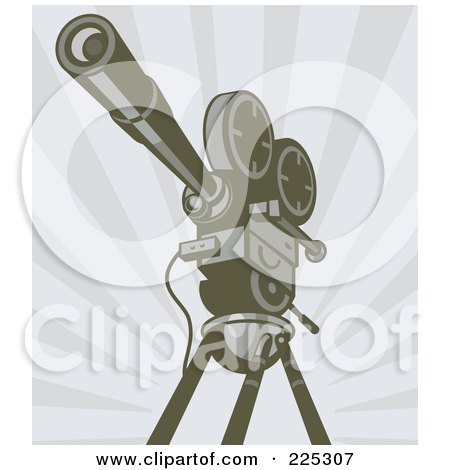 Royalty-Free (RF) Clipart Illustration of a Retro Movie Video Camera On A Tripod Over Rays by patrimonio
