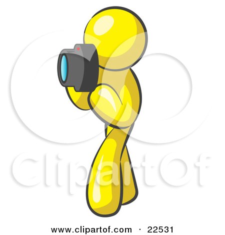 Clipart Illustration of a Yellow Man Character Tourist Or Photographer Taking Pictures With A Camera by Leo Blanchette