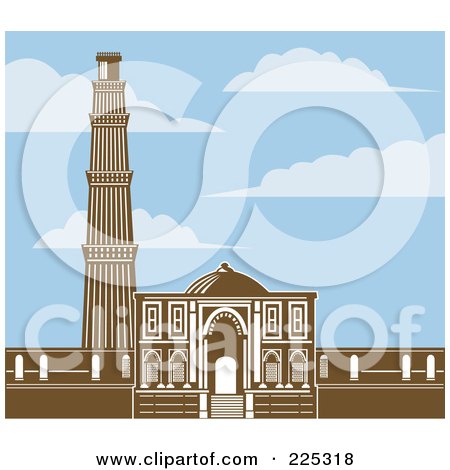 Royalty-Free (RF) Clipart Illustration of The Qutb Minar In Retro Brown Under A Blue Sky With Clouds by patrimonio