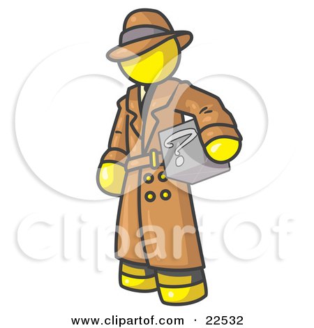 Clipart Illustration of a Secretive Yellow Man in a Trench Coat and Hat, Carrying a Box With a Question Mark on it by Leo Blanchette