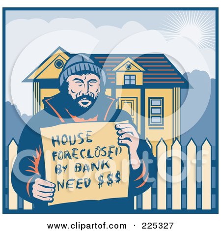 Royalty-Free (RF) Clipart Illustration of a Retro Man Holding A House Foreclosed By Bank, Need Money Sign By His Home by patrimonio