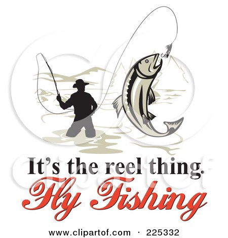 Royalty-Free (RF) Clipart Illustration of Its The Reel Thing Fly Fishing Text Around A Fly Fisherman On White by patrimonio