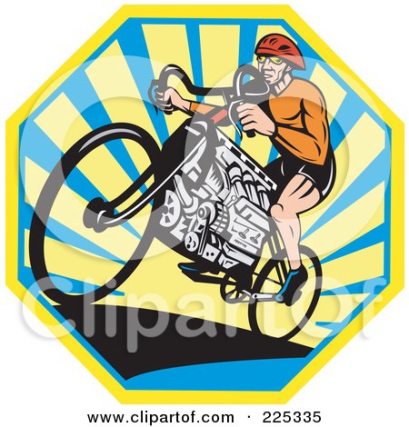 Royalty-Free (RF) Clipart Illustration of a Bicyclist Riding A V8 Engine Bike Over An Octogan Of Rays by patrimonio