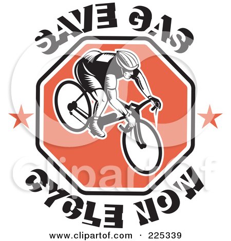 Royalty-Free (RF) Clipart Illustration of Save Gas Cycle Now Text Around A Bicyclist On A Red Octagon by patrimonio