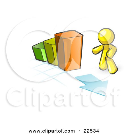 Clipart Illustration of a Yellow Man Standing By An Increasing Green, Yellow And Orange Bar Graph On A Grid Background With An Arrow by Leo Blanchette