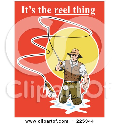 Royalty-Free (RF) Clipart Illustration of Its The Reel Thing Text Over A Fly Fisherman On Red by patrimonio