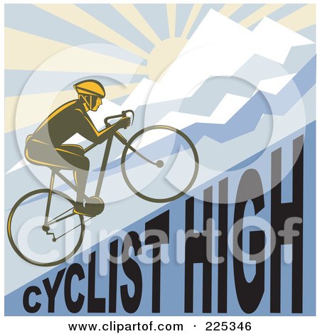 Royalty-Free (RF) Clipart Illustration of a Bicyclist Riding Up A Cyclist High Hillside by patrimonio