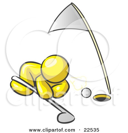 Clipart Illustration of a Yellow Man Down On The Ground, Trying To Blow A Golf Ball Into The Hole by Leo Blanchette