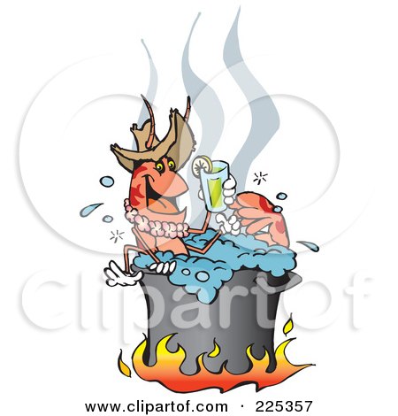 Royalty-Free (RF) Clipart Illustration of a Happy Prawn Drinking A Lemonade While Boiling Over A Fire In A Pot by Dennis Holmes Designs