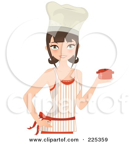 Royalty-Free (RF) Clipart Illustration of a Pretty Brunette Chef Woman Holding A Casserole Dish by Melisende Vector