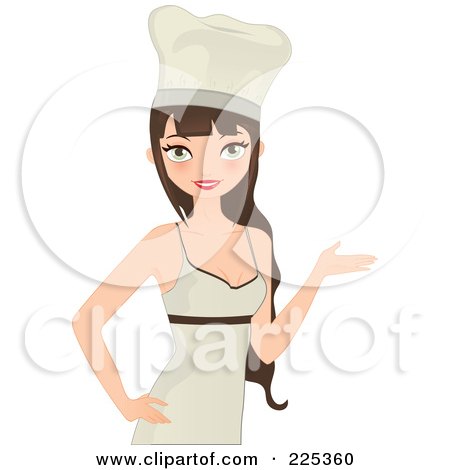 Royalty-Free (RF) Clipart Illustration of a Pretty Brunette Chef Woman Presenting In A Dress by Melisende Vector