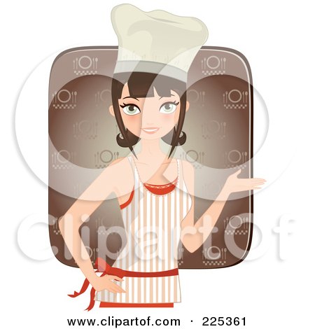 Royalty-Free (RF) Clipart Illustration of a Pretty Brunette Chef Woman Presenting And Wearing An Apron Over A Brown Square by Melisende Vector
