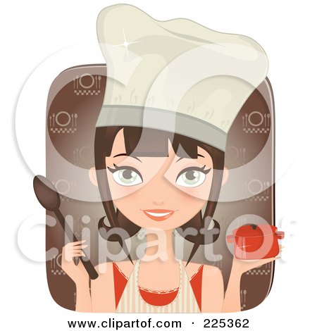 Royalty-Free (RF) Clipart Illustration of a Pretty Brunette Chef Woman Holding A Casserole Dish And Spoon Over A Brown Square by Melisende Vector
