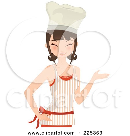 Royalty-Free (RF) Clipart Illustration of a Pretty Brunette Chef Woman Smiling And Presenting by Melisende Vector