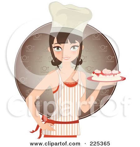 Royalty-Free (RF) Clipart Illustration of a Pretty Brunette Chef Woman Holding A Cake And Wearing An Apron Over A Brown Circle by Melisende Vector