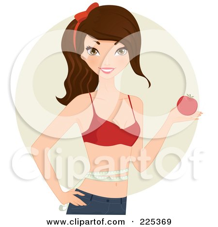 Royalty-Free (RF) Clipart Illustration of a Pretty Fit Brunette Woman In A Bra, Holding An Apple And Standing With Measuring Tape Around Her Waist Over A Beige Circle by Melisende Vector
