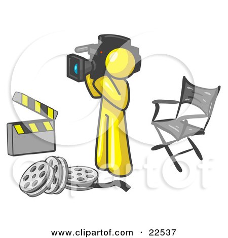 Clipart Illustration of a Yellow Man Filming a Movie Scene With a Video Camera in a Studio by Leo Blanchette