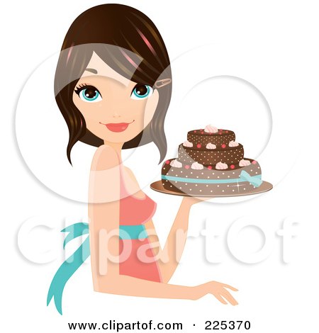 Royalty-Free (RF) Clipart Illustration of a Pretty Brunette Woman Holding A Decorated Cake And Smiling by Melisende Vector