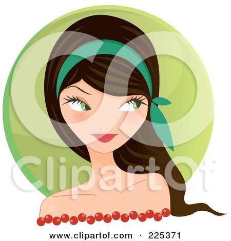 Royalty-Free (RF) Clipart Illustration of a Flirty Brunette Woman Looking Over Her Shoulder, Over A Green Circle by Melisende Vector
