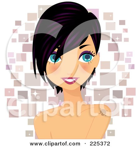 Royalty-Free (RF) Clipart Illustration of a Pretty Black Haired Woman With A Tattoo On Her Shoulder, Over Sparkly Squares by Melisende Vector