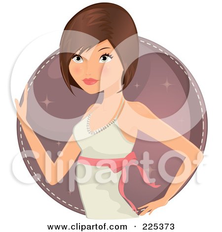 Royalty-Free (RF) Clipart Illustration of a Pretty Brunette Woman In A White Gown Over A Pink Circle by Melisende Vector