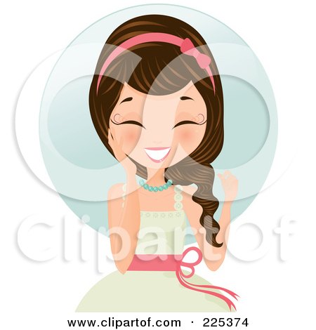 Royalty-Free (RF) Clipart Illustration of a Happy Brunette Woman In A White Dress, Touching Her Cheek And Laughing Over A Blue Circle by Melisende Vector