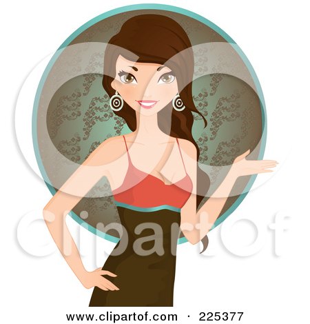 Royalty-Free (RF) Clipart Illustration of a Beautiful Brunette Woman Wearing A Tank Top And Presenting Over A Circle by Melisende Vector