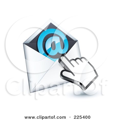 Royalty-Free (RF) Clipart Illustration of a 3d Hand Cursor Clicking On An Envelope With A Blue Arobase Symbol Inside by beboy