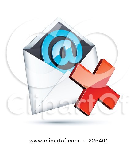Royalty-Free (RF) Clipart Illustration of a 3d Red X Mark Over An Envelope With A Blue At Symbol, On A Shaded White Background by beboy