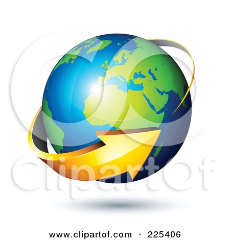 Royalty-Free (RF) Clipart Illustration of a 3d Orange Arrow Circling A Green And Blue African And European Globe by beboy