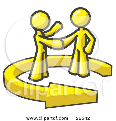 Clipart Illustration of a Yellow Salesman Shaking Hands With a Client While Making a Deal by Leo Blanchette
