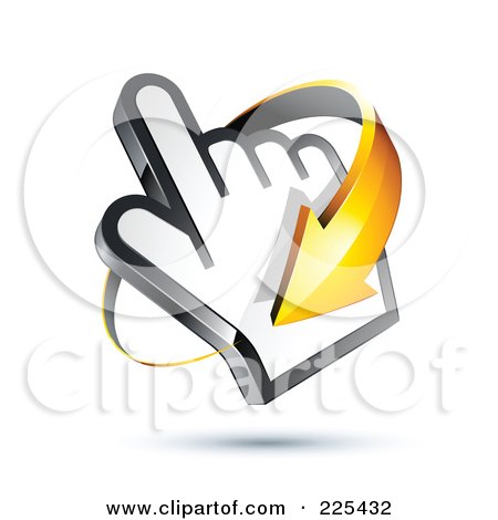 Royalty-Free (RF) Clipart Illustration of a 3d Orange Arrow Circling Clockwise Around A Hand Cursor, On A Shaded White Background by beboy