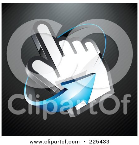 Royalty-Free (RF) Clipart Illustration of a 3d Blue Arrow Circling Counter Clockwise Around A Hand Cursor, On A Black Lined Background by beboy