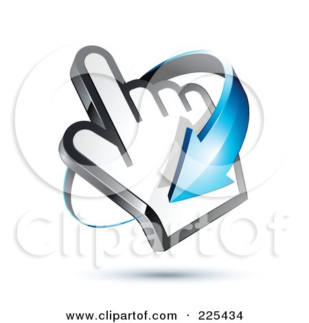 Royalty-Free (RF) Clipart Illustration of a 3d Blue Arrow Circling Clockwise Around A Hand Cursor, On A Shaded White Background by beboy