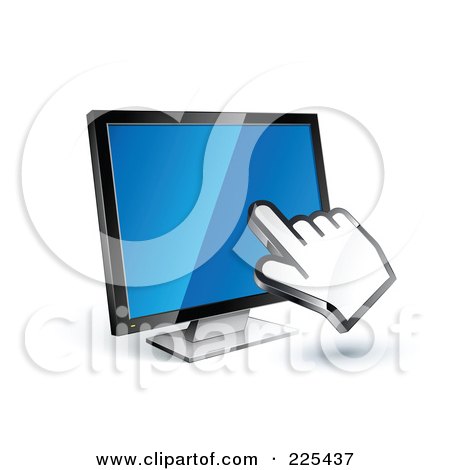 Royalty-Free (RF) Clipart Illustration of a 3d Hand Cursor Clicking On A Blue Computer Monitor by beboy