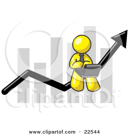 Clipart Illustration of a Yellow Man Conducting Business On A Laptop Computer On An Arrow Moving Upwards In Front Of A Bar Graph, Symbolizing Success by Leo Blanchette