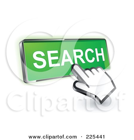 Royalty-Free (RF) Clipart Illustration of a 3d Hand Cursor Clicking On A Green Search Button by beboy