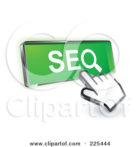 Royalty-Free (RF) Clipart Illustration of a 3d Hand Cursor Clicking On A Green SEO Button by beboy