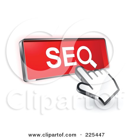 Royalty-Free (RF) Clipart Illustration of a 3d Hand Cursor Clicking On A Red SEO Button by beboy