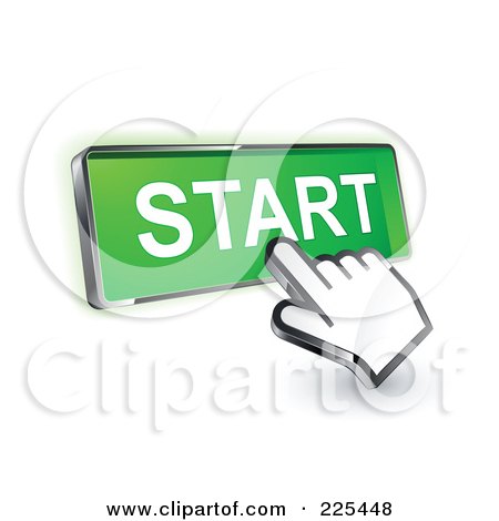 Royalty-Free (RF) Clipart Illustration of a 3d Hand Cursor Clicking On A Green Start Button by beboy