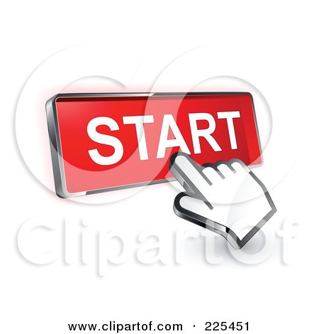 Royalty-Free (RF) Clipart Illustration of a 3d Hand Cursor Clicking On A Red Start Button by beboy