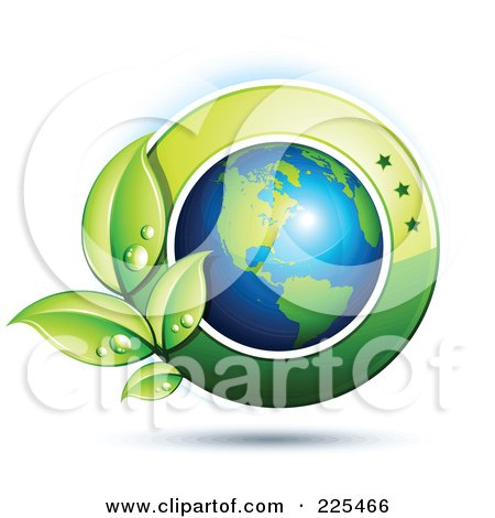 Royalty-Free (RF) Clipart Illustration of a 3d Shiny American Globe With Dewy Green Leaves And A Green Circle by beboy