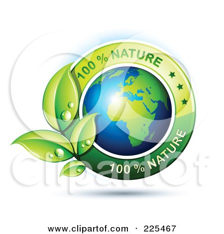 Royalty-Free (RF) Clipart Illustration of a 3d Shiny African Globe With Green Leaves And 100 Percent Nature Text by beboy