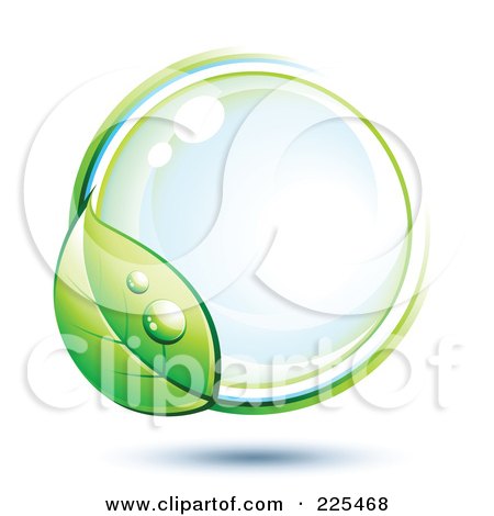 Royalty-Free (RF) Clipart Illustration of a 3d Blue Shiny Sphere With White, Blue And Green Lines And A Dewy Leaf by beboy
