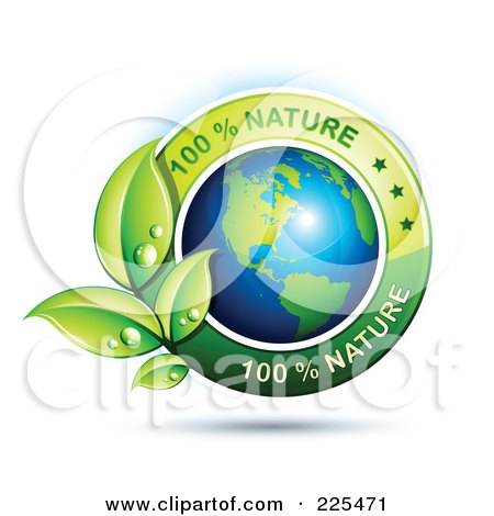 Royalty-Free (RF) Clipart Illustration of a 3d Shiny American Globe With Green Leaves And 100 Percent Nature Text by beboy