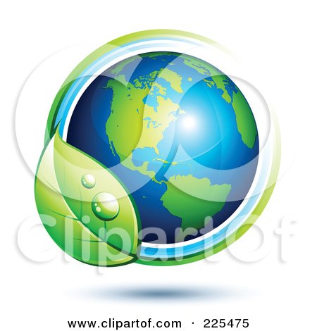Royalty-Free (RF) Clipart Illustration of a 3d Shiny Green And Blue American Globe Circled With Blue And Green Lines And A Dewy Leaf by beboy