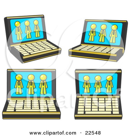 Clipart Illustration of Four Laptop Computers With Three Yellow Men on Each Screen by Leo Blanchette