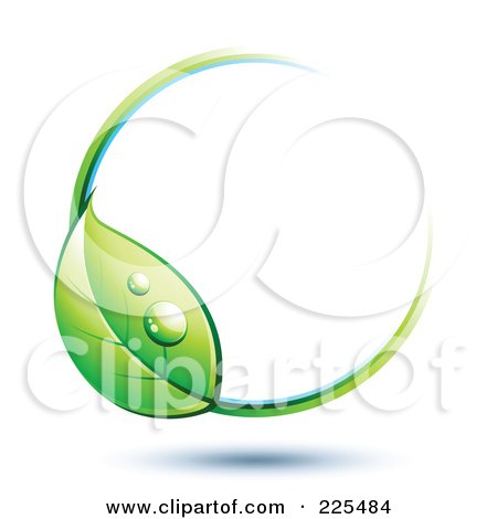 Royalty-Free (RF) Clipart Illustration of a 3d White Circle With White, Blue And Green Lines And A Dewy Leaf by beboy