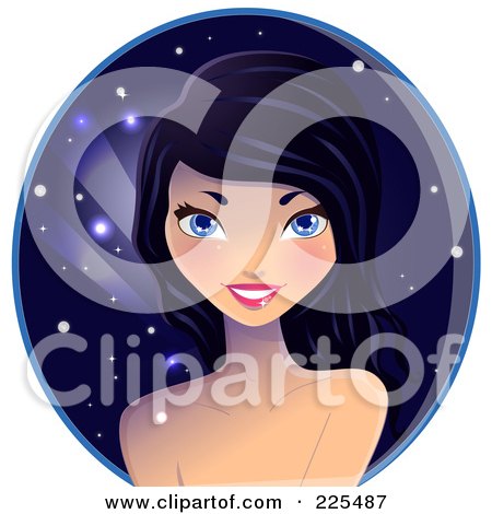 Royalty-Free (RF) Clipart Illustration of a Beautiful Black Haired Woman Over A Night Time Circle by Melisende Vector